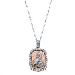 Μασίφ φυλαχτό Παναγία από λευκό και ροζ χρυσό Κ14 με αλυσίδα