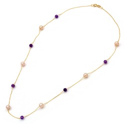 Χρυσό κολιέ Κ14 με ροζ μαργαριτάρια και αμέθυστο