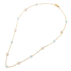 Χρυσό κολιέ Κ14 με μαργαριτάρια και aquamarine