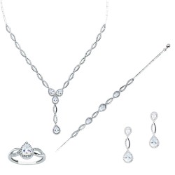 Λευκόχρυσο νυφικό σετ κοσμημάτων Κ14 με σκουλαρίκια, κολιέ, δαχτυλίδι, βραχιόλι