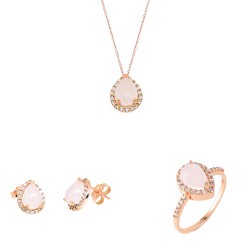 Σετ σταγόνες από ροζ χρυσό Κ14 με χαλαζία