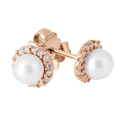 Σκουλαρίκια ροζέτες από ροζ χρυσό Κ14 με μαργαριτάρια