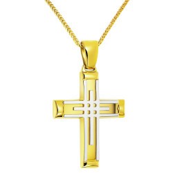 Χρυσός βαπτιστικός σταυρός διπλής όψης Κ14 με αλυσίδα