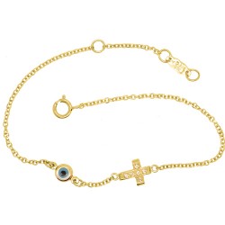 Χρυσό βραχιόλι Κ14 με σταυρό και ματάκι