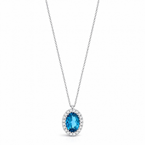 Λευκόχρυσο κολιέ Κ18 με London Blue Topaz και διαμάντια