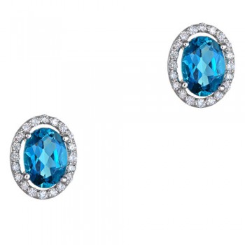 Λευκόχρυσα οβάλ σκουλαρίκια Κ18 με London Blue Topaz και διαμάντια