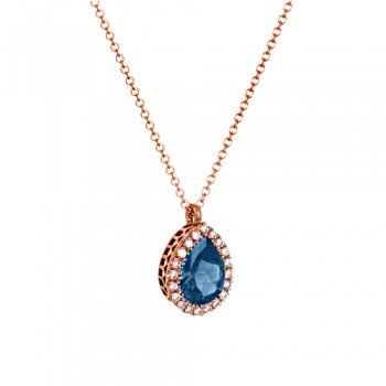 Ροζ χρυσό κολιέ σταγόνα Κ18 με διαμάντια και London Blue Topaz