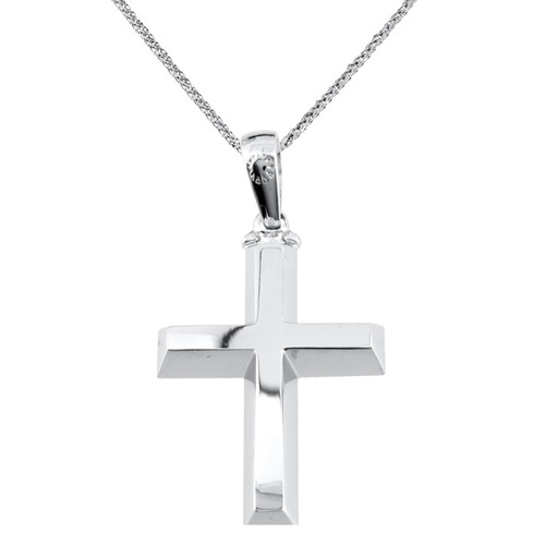 Λευκόχρυσος μασίφ βαπτιστικός σταυρός Κ14 με αλυσίδα