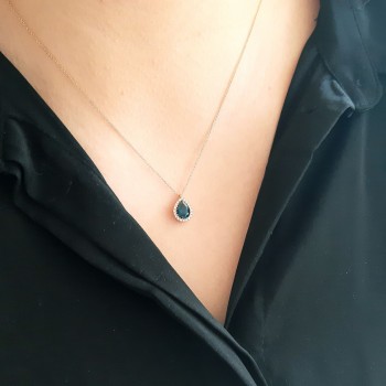 Ροζ χρυσό κολιέ σταγόνα Κ18 με διαμάντια και London Blue Topaz