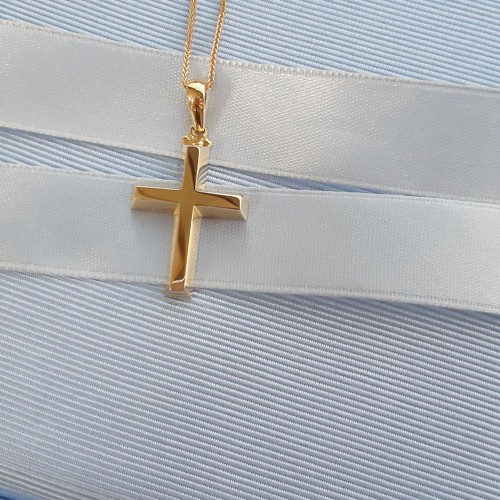 Χρυσός μασίφ βαπτιστικός σταυρός Κ14 με αλυσίδα