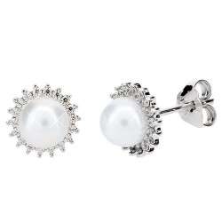 Λευκόχρυσα σκουλαρίκια Κ14 με μαργαριτάρια και ζιργκόν