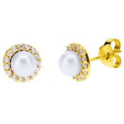 Χρυσά σκουλαρίκια Κ14 με μαργαριτάρι και ζιργκόν